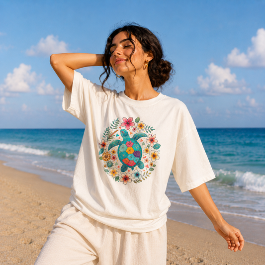 Floral Turtle – Women’s Oversized Boho Tee